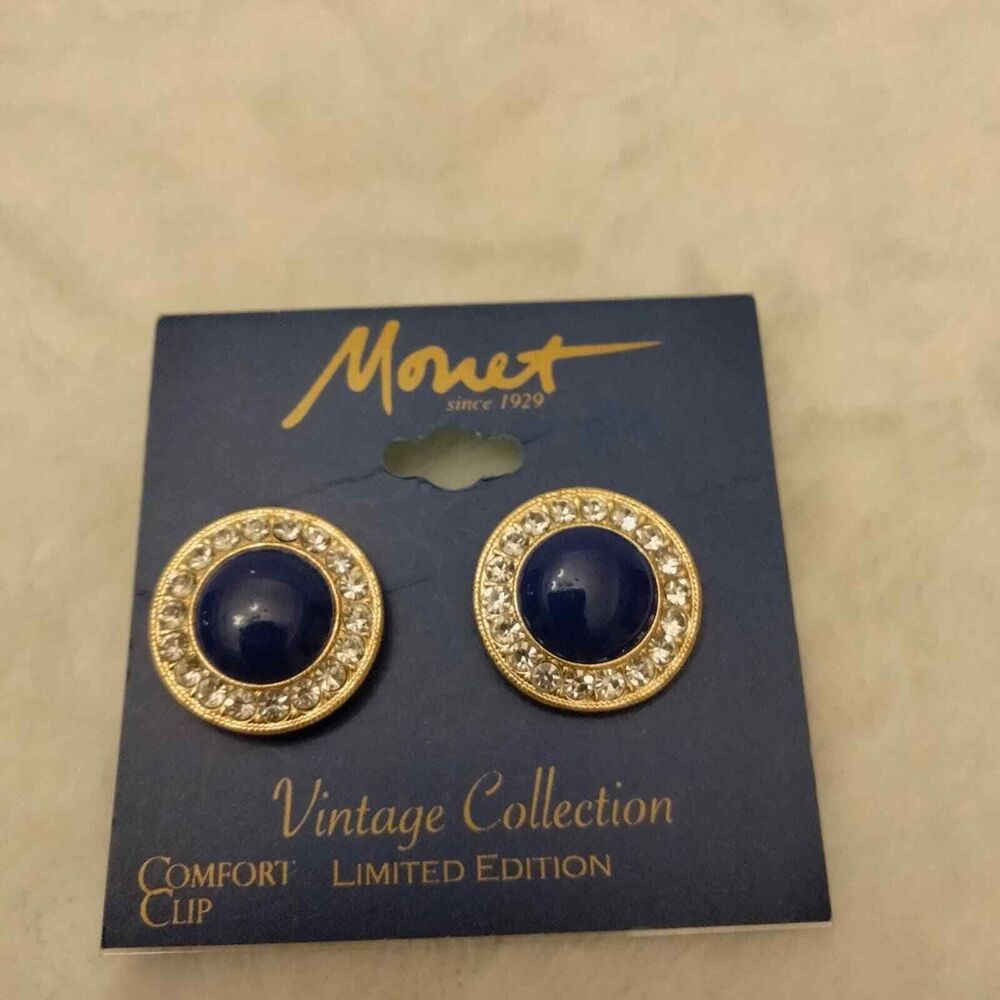 Monet round gold dark blue stone rhinestones clip on earrings